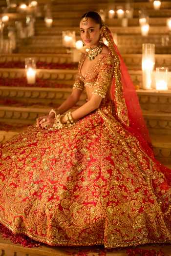 Shop Seema Gujral Red Silk, Organza Plunge Neck Zardozi Bridal Lehenga Set Online at Aza Fashions Shop_Seema Gujral_Red Silk, Organza Plunge Neck Zardozi Bridal Lehenga Set _Online_at_Aza_Fashions