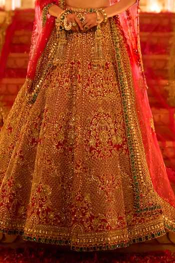 Shop Seema Gujral Red Silk, Organza Plunge Neck And Emerald Zardozi Bridal Lehenga Set Online at Aza Fashions Shop_Seema Gujral_Red Silk, Organza Plunge Neck And Emerald Zardozi Bridal Lehenga Set _Online_at_Aza_Fashions