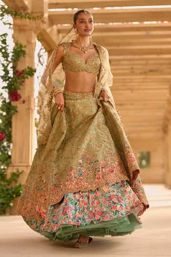 Seema Gujral_Green Silk, Net Plunge Neck Applique Work Bridal Lehenga Set _Online_at_Aza_Fashions