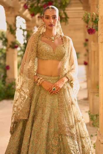 Shop_Seema Gujral_Green Silk, Net Plunge Neck Applique Work Bridal Lehenga Set _Online_at_Aza_Fashions