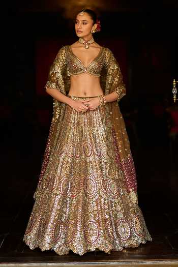 Buy_Seema Gujral_Gold Organza Plunge Neck Applique Mirror Work Bridal Lehenga Set _Online_at_Aza_Fashions