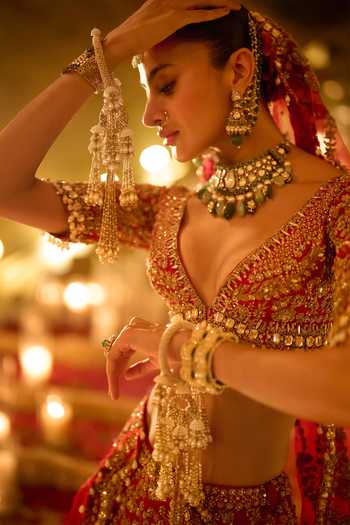 Seema Gujral_Gold Plated Pearl Embellished Pair Of Kaleeras _Online_at_Aza_Fashions