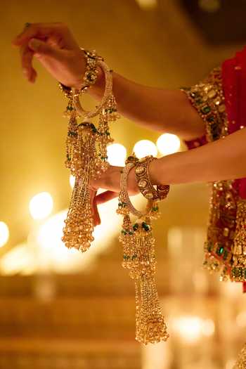 Seema Gujral_Ivory Pearl And Emerald Embellished Pair Of Kaleeras _Online_at_Aza_Fashions