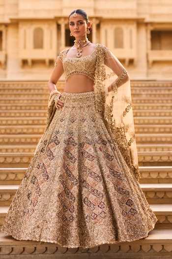Buy_Seema Gujral_Gold Net, Tissue Round Neck Zardozi Embroidered Bridal Lehenga Set _Online_at_Aza_Fashions