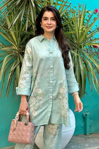 Buy Rainas Blue Cotton, Linen Mandarin Collar The Orangery Aqua Blossom Print Pant Set Online at Aza Fashions Buy_Rainas_Blue Cotton, Linen Mandarin Collar The Orangery Aqua Blossom Print Pant Set _Online_at_Aza_Fashions
