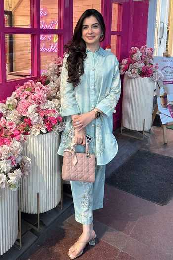 Rainas Blue Cotton, Linen Mandarin Collar The Orangery Aqua Blossom Print Pant Set at Aza Fashions Rainas_Blue Cotton, Linen Mandarin Collar The Orangery Aqua Blossom Print Pant Set _at_Aza_Fashions