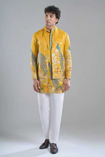 Arihant Rai Sinha Yellow Tissue Embroidery Rangeela Mor Kurta With Koti Jacket Online at Aza Fashions Arihant Rai Sinha_Yellow Tissue Embroidery Rangeela Mor Kurta With Koti Jacket _Online_at_Aza_Fashions