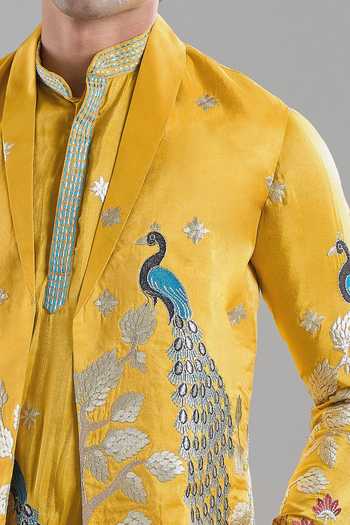 Shop Arihant Rai Sinha Yellow Tissue Embroidery Rangeela Mor Kurta With Koti Jacket Online at Aza Fashions Shop_Arihant Rai Sinha_Yellow Tissue Embroidery Rangeela Mor Kurta With Koti Jacket _Online_at_Aza_Fashions
