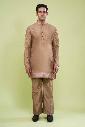 Arihant Rai Sinha Brown Silk, Cotton Plain Kurta And Pant Set at Aza Fashions Arihant Rai Sinha_Brown Silk, Cotton Plain Kurta And Pant Set _at_Aza_Fashions