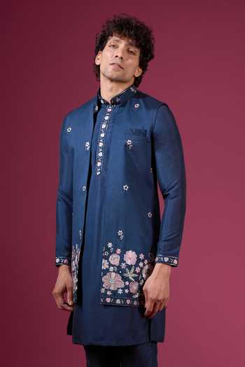 Shop Arihant Rai Sinha Blue Silk Embroidery Nehru Jacket Set Shop_Arihant Rai Sinha_Blue Silk Embroidery Nehru Jacket Set