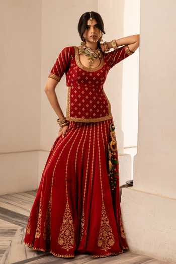 Shop Nimbu Mirchi Red Chanderi Scoop Neck Nargis Embroidered Lehenga Set Online at Aza Fashions Shop_Nimbu Mirchi_Red Chanderi Scoop Neck Nargis Embroidered Lehenga Set _Online_at_Aza_Fashions