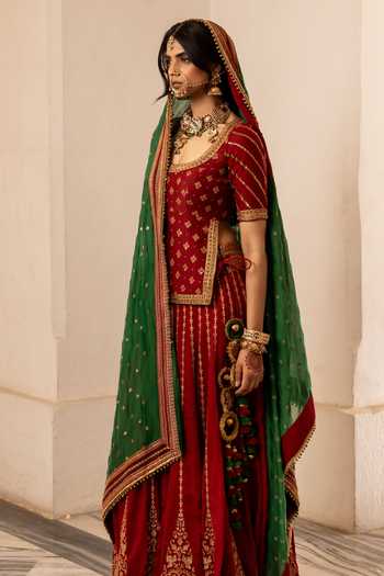 Nimbu Mirchi Red Chanderi Scoop Neck Nargis Embroidered Lehenga Set at Aza Fashions Nimbu Mirchi_Red Chanderi Scoop Neck Nargis Embroidered Lehenga Set _at_Aza_Fashions