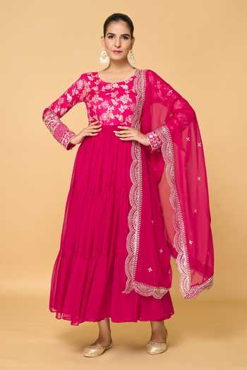 Buy Samyukta Singhania Pink Faux Leather, Viscose Sequins, Bahar Blossom Tiered Anarkali With Dupatta at Aza Fashions Buy_Samyukta Singhania_Pink Faux Leather, Viscose Sequins, Bahar Blossom Tiered Anarkali With Dupatta _at_Aza_Fashions