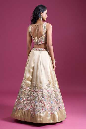 Samyukta Singhania Beige Tissue Sweetheart Neck Sequinned And Zari Embroidered Lehenga Set Online at Aza Fashions Samyukta Singhania_Beige Tissue Sweetheart Neck Sequinned And Zari Embroidered Lehenga Set _Online_at_Aza_Fashions