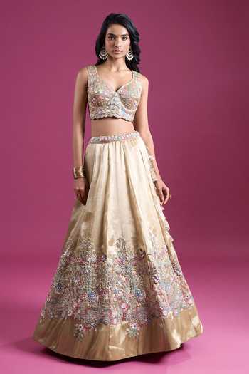 Buy Samyukta Singhania Beige Tissue Sweetheart Neck Sequinned And Zari Embroidered Lehenga Set Online at Aza Fashions Buy_Samyukta Singhania_Beige Tissue Sweetheart Neck Sequinned And Zari Embroidered Lehenga Set _Online_at_Aza_Fashions