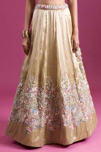 Shop Samyukta Singhania Beige Tissue Sweetheart Neck Sequinned And Zari Embroidered Lehenga Set Online at Aza Fashions Shop_Samyukta Singhania_Beige Tissue Sweetheart Neck Sequinned And Zari Embroidered Lehenga Set _Online_at_Aza_Fashions