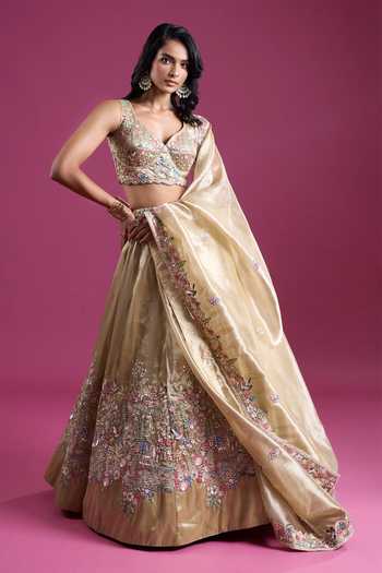 Samyukta Singhania Beige Tissue Sweetheart Neck Sequinned And Zari Embroidered Lehenga Set at Aza Fashions Samyukta Singhania_Beige Tissue Sweetheart Neck Sequinned And Zari Embroidered Lehenga Set _at_Aza_Fashions