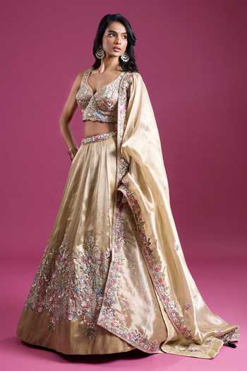 Buy Samyukta Singhania Beige Tissue Sweetheart Neck Sequinned And Zari Embroidered Lehenga Set Buy_Samyukta Singhania_Beige Tissue Sweetheart Neck Sequinned And Zari Embroidered Lehenga Set