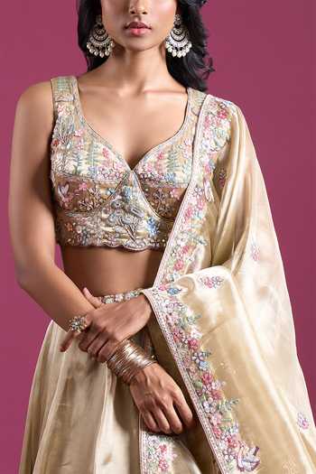 Shop Samyukta Singhania Beige Tissue Sweetheart Neck Sequinned And Zari Embroidered Lehenga Set Shop_Samyukta Singhania_Beige Tissue Sweetheart Neck Sequinned And Zari Embroidered Lehenga Set