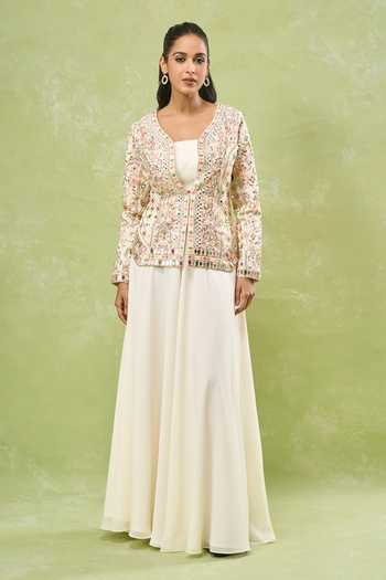 Shop Samyukta Singhania Cream Georgette, Silk Mirrors, Embroidery Plunge Neck, Round Jacket And Skirt Set Online at Aza Fashions Shop_Samyukta Singhania_Cream Georgette, Silk Mirrors, Embroidery Plunge Neck, Round Jacket And Skirt Set _Online_at_Aza_Fashions