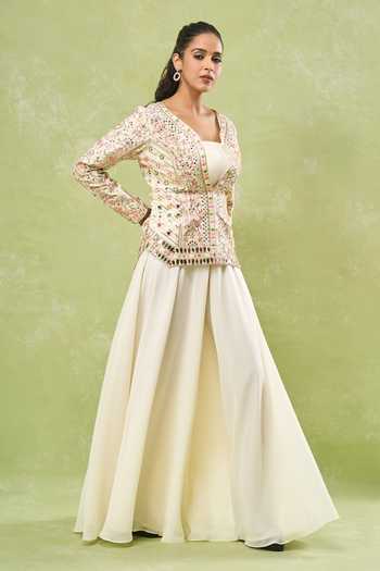 Samyukta Singhania Cream Georgette, Silk Mirrors, Embroidery Plunge Neck, Round Jacket And Skirt Set at Aza Fashions Samyukta Singhania_Cream Georgette, Silk Mirrors, Embroidery Plunge Neck, Round Jacket And Skirt Set _at_Aza_Fashions