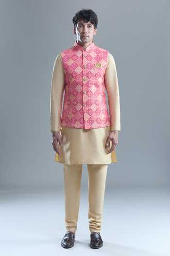 Arihant Rai Sinha_Pink Cotton Sequins, Embroidery Bandhani Woven Nehru Jacket _Online_at_Aza_Fashions