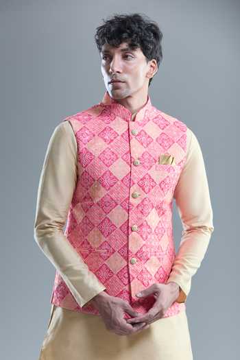 Buy_Arihant Rai Sinha_Pink Cotton Sequins, Embroidery Bandhani Woven Nehru Jacket _Online_at_Aza_Fashions