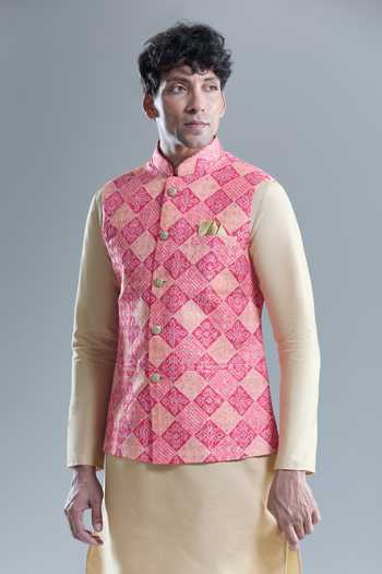 Shop_Arihant Rai Sinha_Pink Cotton Sequins, Embroidery Bandhani Woven Nehru Jacket _Online_at_Aza_Fashions