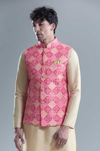 Arihant Rai Sinha_Pink Cotton Sequins, Embroidery Bandhani Woven Nehru Jacket _at_Aza_Fashions