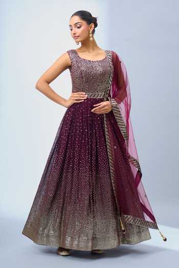 Buy Samyukta Singhania Wine Georgette, Net Sequins, Embroidery Scoop Neck Anarkali With Dupatta at Aza Fashions Buy_Samyukta Singhania_Wine Georgette, Net Sequins, Embroidery Scoop Neck Anarkali With Dupatta _at_Aza_Fashions