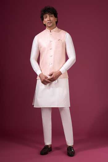 Buy Arihant Rai Sinha Off White Jacquard, Silk Contrast Nehru Jacket And Kurta Set Online at Aza Fashions Buy_Arihant Rai Sinha_Off White Jacquard, Silk Contrast Nehru Jacket And Kurta Set _Online_at_Aza_Fashions