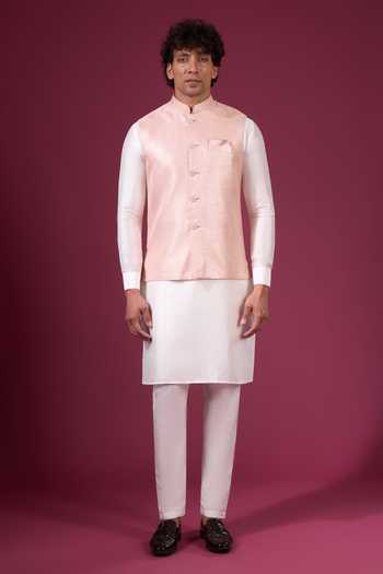 Buy Arihant Rai Sinha Off White Jacquard, Silk Contrast Nehru Jacket And Kurta Set Buy_Arihant Rai Sinha_Off White Jacquard, Silk Contrast Nehru Jacket And Kurta Set