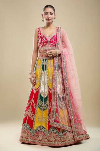 Shop Samyukta Singhania Multi Color Silk, Net Embroidery V-neck Paisley Lehenga Set Online at Aza Fashions Shop_Samyukta Singhania_Multi Color Silk, Net Embroidery V-neck Paisley Lehenga Set _Online_at_Aza_Fashions