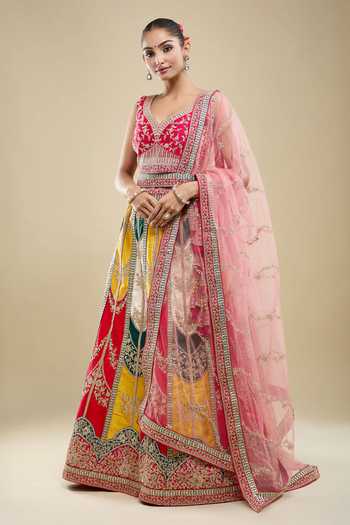 Samyukta Singhania Multi Color Silk, Net Embroidery V-neck Paisley Lehenga Set at Aza Fashions Samyukta Singhania_Multi Color Silk, Net Embroidery V-neck Paisley Lehenga Set _at_Aza_Fashions