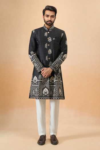 Buy Arihant Rai Sinha Black Silk Embroidery Thread Sherwani Set Buy_Arihant Rai Sinha_Black Silk Embroidery Thread Sherwani Set