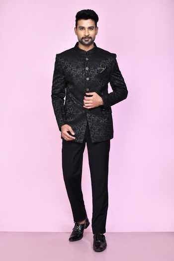 Arihant Rai Sinha_Black Jacquard, Silk Embroidery Botanical Woven Bandhgala _at_Aza_Fashions