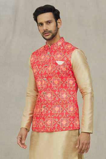 Arihant Rai Sinha Red Cotton Printed Bundi