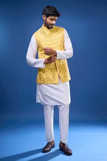 Buy Arihant Rai Sinha Yellow Silk Embroidery, Stones Bloom Bundi And Kurta Set Buy_Arihant Rai Sinha_Yellow Silk Embroidery, Stones Bloom Bundi And Kurta Set