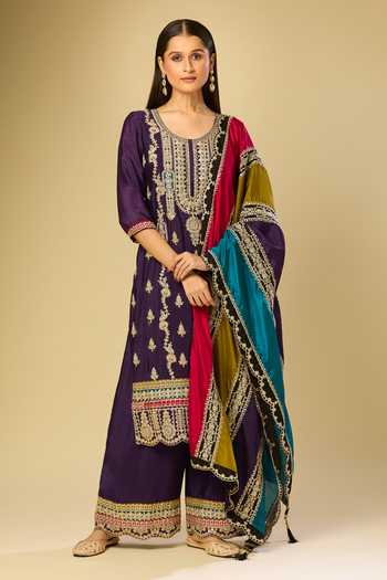 Samyukta Singhania Purple Chinon Embroidered Kurta Set 