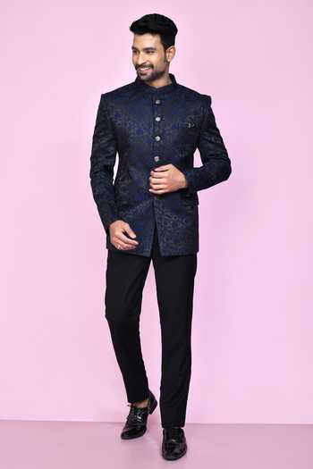 Arihant Rai Sinha_Blue Jacquard, Silk Embroidery Garden Woven Bandhgala _at_Aza_Fashions