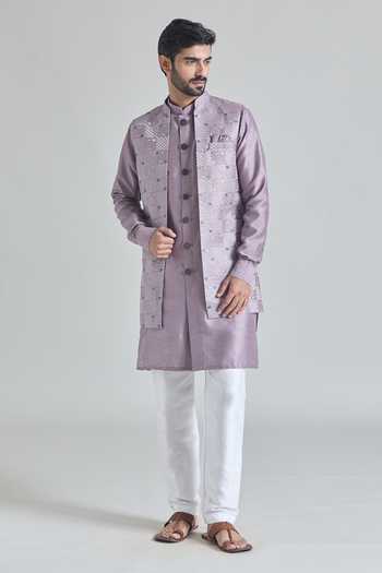 Buy_Arihant Rai Sinha_Purple Silk Embroidery Geometric Thread Bundi Set 
