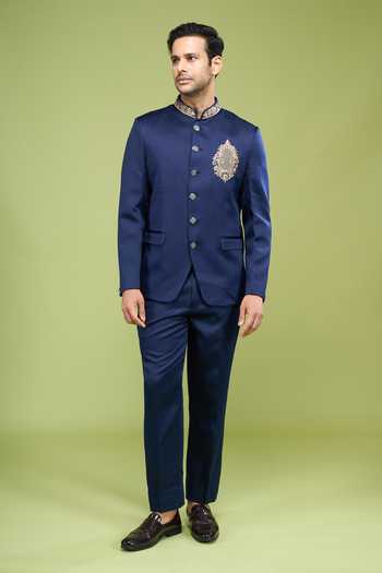 Shop Arihant Rai Sinha Blue Rayon, Terrycloth, Polyester Embroidery Hand Bandhgala And Pant Set Shop_Arihant Rai Sinha_Blue Rayon, Terrycloth, Polyester Embroidery Hand Bandhgala And Pant Set