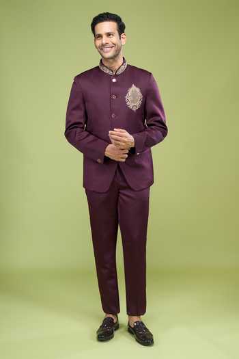 Shop Arihant Rai Sinha Wine Rayon Embroidery Hand Bandhgala And Pant Set Shop_Arihant Rai Sinha_Wine Rayon Embroidery Hand Bandhgala And Pant Set
