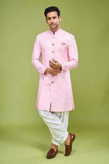 Shop Arihant Rai Sinha Pink Brocade Embroidered Sherwani And Patiala Pant Set Shop_Arihant Rai Sinha_Pink Brocade Embroidered Sherwani And Patiala Pant Set