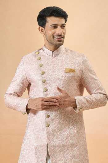 Buy Arihant Rai Sinha Pink Jacquard, Silk Sherwani And White Pant Set at Aza Fashions Buy_Arihant Rai Sinha_Pink Jacquard, Silk Sherwani And White Pant Set _at_Aza_Fashions