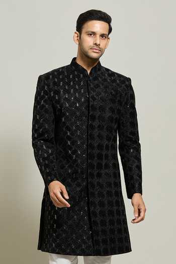 Buy Arihant Rai Sinha Black Velvet, Polyester Sequins, Geometric Pattern Sherwani And Churidar Set at Aza Fashions Buy_Arihant Rai Sinha_Black Velvet, Polyester Sequins, Geometric Pattern Sherwani And Churidar Set _at_Aza_Fashions