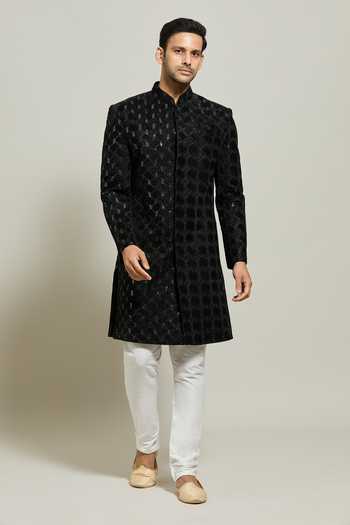 Buy Arihant Rai Sinha Black Velvet, Polyester Sequins, Geometric Pattern Sherwani And Churidar Set Buy_Arihant Rai Sinha_Black Velvet, Polyester Sequins, Geometric Pattern Sherwani And Churidar Set