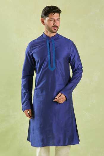 Buy Arihant Rai Sinha Blue Polyester, Chanderi Silk Embroidery Threadwork Swirl Placket Kurta Set at Aza Fashions Buy_Arihant Rai Sinha_Blue Polyester, Chanderi Silk Embroidery Threadwork Swirl Placket Kurta Set _at_Aza_Fashions