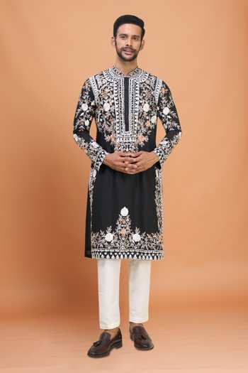 Buy_Arihant Rai Sinha_Black Silk Embroidery Floral Kurta Set 