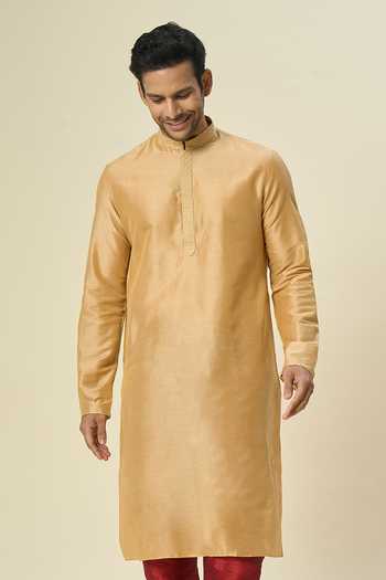 Buy Arihant Rai Sinha Gold Polyester, Silk, Chanderi Embroidery Placket Kurta Set at Aza Fashions Buy_Arihant Rai Sinha_Gold Polyester, Silk, Chanderi Embroidery Placket Kurta Set _at_Aza_Fashions